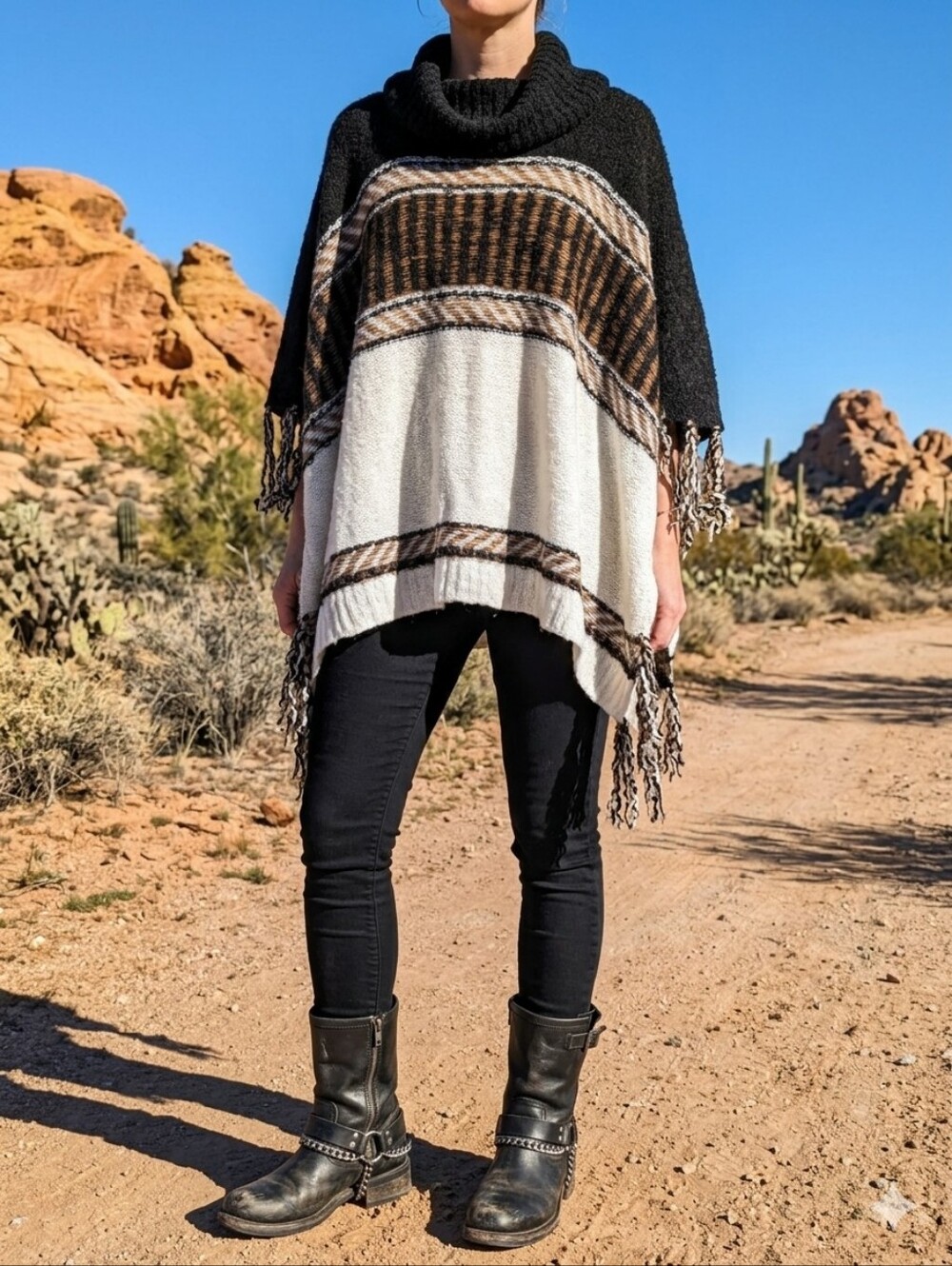 Sisters Boho Fringe Poncho Top OS Black Cream Festival Knit Sweater Textured